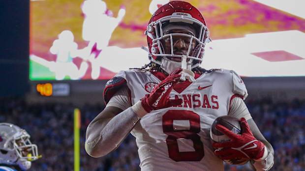 Razorbacks tight end after scoring one of his two touchdowns against Ole Miss on Saturday night